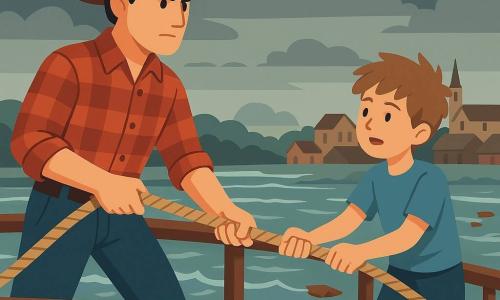 A young cowboy, Silas, with a determined and focused face, wears a cowboy hat tilted back and a plaid shirt. He firmly pulls on a thick rope to secure the ferry. Beside him, a ten-year-old boy, Sam, with tousled hair and eyes shining with courage, holds another rope with his small hands. They stand on the deck of the ferry, the Martha June, which sways slightly on a tumultuous river. In the background, the river is wide and bubbling, with pieces of wood floating on its surface. The sky is gray and threatening, with heavy clouds, while the town of Sweetwater looms on the horizon with its wooden roofs and a steeple piercing the sky.