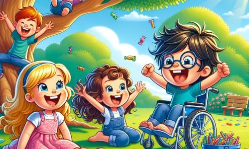 Lily, an 8-year-old girl with long blonde hair and a pink dress, is sitting on the grass, laughing heartily. Next to her, Max, a 7-year-old boy with messy brown hair and a blue t-shirt, is making a funny face, which causes even more laughter. Emma, a 6-year-old girl with curly brown hair and a colorful skirt, is jumping for joy with her arms raised to the sky. Finally, Sam, a 9-year-old boy with glasses and black hair, is in his blue wheelchair, smiling widely and holding a large box of colorful candies. They are all under a large tree with spreading branches, the "Giggle Tree," whose leaves shine in the sun. The ground is covered with multicolored flowers and green grass, creating a joyful and vibrant setting. The main scene shows the four friends sharing candies and laughing together after discovering a treasure filled with surprises. Their faces are lit up with joy and friendship, capturing the essence of a beautiful day of adventure in nature.