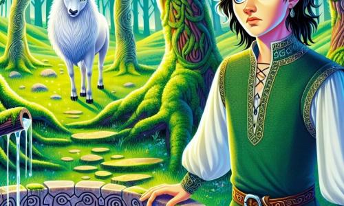 A young man named Eirik, around 20 years old, stands at the edge of an ancient well, the Well of Mimir. He has raven-black hair, sparkling blue-gray eyes filled with wonder and determination. His expression is both focused and curious as he leans slightly forward, ready to dive into the mysteries held by the shimmering water of the well. Nearby, a majestic white deer with wise eyes watches Eirik. The deer stands on a small promontory, its impressive antlers reaching toward the sky, as if guarding this sacred place. The setting is an enchanted clearing surrounded by ancient trees with gnarled trunks and vibrant green leaves. Sunlight filters through the foliage, creating patterns of light and shadow on the moss-covered ground. The stone well is adorned with ancient runes and crystal-clear water reflecting the sky. The main scene shows Eirik, in search of wisdom, standing before the well, ready to ask a question that could change the course of his destiny, while the deer, a symbol of guidance, observes him with mystical serenity.