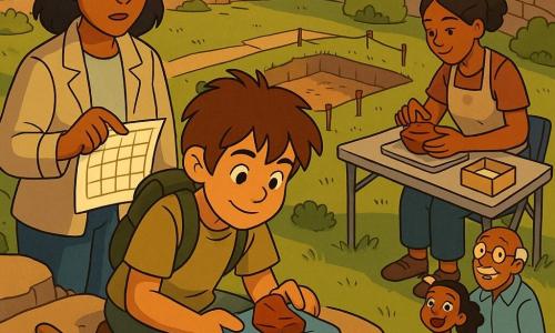 A smiling but focused boy, Mateo (about 12), messy brown hair, in a khaki T-shirt and small backpack, crouches on a rocky ledge holding a small reddish-brown pottery sherd on a foam pad with a trowel and brush beside him; behind him to the left stands Dr. Lila (about 40), soft serious face, beige researcher’s hat and light jacket, pointing to a grid marked on a paper map; to the right Rosa (about 30), a conservator with tied-back hair and dusty apron, cleans a pottery piece on a folding table near a box of labels; below on the raised path a little girl (about 7) in a colorful dress holds a sketchbook, eyes wide, while her grandfather (about 65) leans on a cane smiling; the site is a circular oppidum with old stone walls and a broad flat rock, green grass, small red flags marking the excavation grid, wooden planks for visitors and sparse shrubs; late-afternoon, warm golden light, Mateo uncovers the sherd in a string-bordered trench while the team works gently and curious visitors look on, atmosphere of care, focus, and discovery.