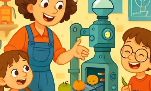A joyful woman, Mrs. Ada Tinker, with curly, tousled hair, wears a blue overall full of pockets. She smiles with sparkling eyes, holding a large tool in one hand while showing a strange device to the children. Next to her, an 8-year-old girl, Lily, with pigtails and a floral dress, looks in wonder at the invention, her eyes wide with curiosity. A 7-year-old boy, Max, with round glasses and a red t-shirt, laughs while holding a pencil and a notebook, ready to sketch his ideas. The scene takes place in a bright, colorful workshop filled with strange gadgets, plans hanging on the walls, and machines under construction, with tools scattered on a large wooden table. Mrs. Tinker and the children are working together on a snack sorting machine, with fruits and cookies moving along a conveyor belt, while laughter and ideas fill the air.
