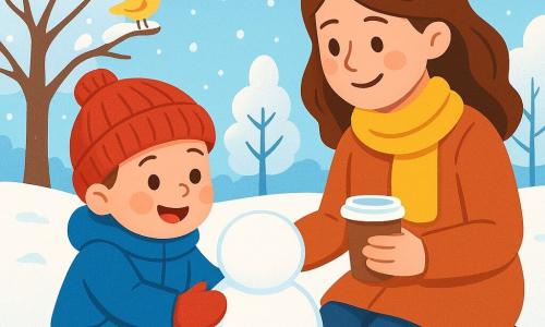 A 2-year-old boy with rosy cheeks and sparkling eyes is wearing a large blue coat and a red wool hat. He smiles in wonder while tapping a snowball with his small gloved hands. Next to him, his mother, a woman in her thirties with brown hair and a warm smile, holds a cup of hot chocolate, looking at her son with affection. The park is covered in a soft blanket of snow, with trees laden with sparkling flakes and a light blue sky dotted with fluffy white clouds. In the distance, a small yellow bird perches on a branch, adding life to this winter scene. The little boy is having fun making a snowman, his eyes shining with joy and excitement, while his mother encourages him with a smile.