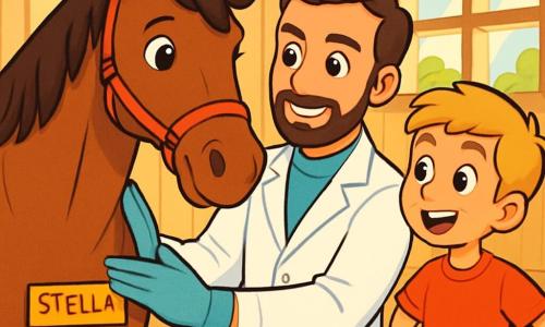 Un veterinario uomo, di circa trent'anni, con capelli castani e una barba ben curata, sorride calorosamente mentre esamina un cavallo marrone di nome Stella. Indossa un camice bianco e guanti in lattice, e il suo sguardo è pieno di benevolenza e concentrazione. Accanto a lui, un ragazzo di 10 anni, di nome Luca, con capelli biondi e occhi brillanti di eccitazione, osserva attentamente, con le mani sui fianchi, meravigliato dal lavoro del veterinario. La scena si svolge in una stalla luminosa, con pareti in legno chiaro e raggi di sole che filtrano attraverso le finestre, illuminando la paglia dorata a terra. Animali come galline e un maialino si trovano sullo sfondo, aggiungendo vita all'ambiente. Il veterinario esamina attentamente Stella, che sembra calma e felice, mentre Luca, affascinato, fa domande sulle cure agli animali. Questa interazione calorosa illustra la passione per il benessere animale e l'apprendimento, creando un'atmosfera gioiosa e ispiratrice.
