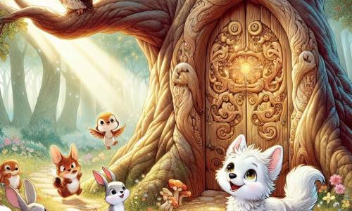 An illustration depicts a small wolf with sparkling eyes and snow-like soft fur, showing an expression of curiosity and excitement. It stands before a magical wooden door, carved from a large oak, ready to open into a fantastical world. Beside it is a group of small animals: a rabbit with large ears and white fur, looking on in wonder, and a wise owl with brown feathers perched on a branch, displaying an attentive and thoughtful expression. A playful squirrel with a bushy tail and mischievous eyes is joyfully hopping around the wolf. The main setting is an enchanted forest, with tall, twisted trees and leaves shimmering in the sunlight, creating a warm and magical atmosphere. Colorful flowers dot the ground, and a soft beam of light filters through the branches, illuminating the scene. The main situation shows the little wolf ready to open the magical door, surrounded by its animal friends, all eager to discover what lies beyond. Sparkles of magic float in the air, adding a touch of wonder to the illustration.