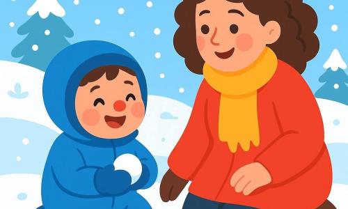 Een klein kind met roze wangen en een rode neus, gekleed in een blauwe winteroverall, glimlacht vrolijk terwijl hij in de sneeuw speelt. Hij houdt een kleine sneeuwbal in zijn handen, met sprankelende ogen van opwinding. Naast hem kijkt zijn moeder, een vrouw met bruin, krullend haar, in een felrode jas en een warme sjaal, liefdevol naar haar kind en lacht zachtjes. De omgeving is een prachtig besneeuwd veld, met bomen bedekt met glinsterende sneeuw onder een heldere blauwe lucht. Sneeuwvlokken vallen zachtjes om hen heen, wat een magische en vredige sfeer creëert. Het belangrijkste beeld toont het kind en zijn moeder die samen plezier hebben en een sneeuwpop bouwen, omringd door de winterse schoonheid.