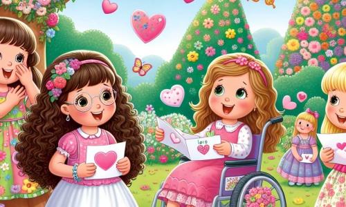 Cuatro niñas, de entre 8 y 10 años, están en un jardín colorido. Sofía, de 9 años con cabello rizado y gafas redondas, sonríe sosteniendo una carta decorada con corazones. Valentina, de 8 años con cabello liso y rubio, lleva un vestido rosa y hace un gesto de sorpresa con los brazos levantados, también sosteniendo una carta. Ana, de 10 años con cabello castaño y una gran trenza, mira a sus amigas con ojos brillantes, sosteniendo una carta en sus manos. Carla, de 9 años en silla de ruedas, tiene cabello rizado y lleva un bonito vestido de flores, sonríe sosteniendo su carta cerca de su corazón. El jardín está lleno de flores brillantes de todos los colores, con mariposas volando alrededor y un gran árbol en el centro que ofrece sombra. Las cuatro amigas se preparan para sorprender a sus mamás leyendo cartas llenas de amor para el Día de la Madre, rodeadas de un ambiente alegre y festivo.