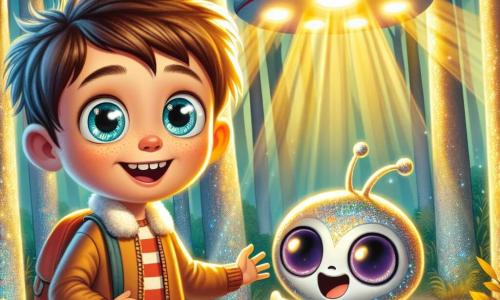A 10-year-old boy, Alex, with messy brown hair and sparkling blue eyes, stands in the center of the image, awestruck and smiling, in front of a shiny silver spaceship glimmering in the sunlight. Next to him, Zorba, a small round alien with shimmering skin that changes color, has large purple eyes and a joyful smile, floating slightly above the ground and gesturing enthusiastically to invite Alex into the ship. In the background, a dense forest with shimmering tree trunks and golden leaves, bathed in golden light, creates a magical atmosphere. The scene depicts the moment Alex discovers the spaceship and meets Zorba, symbolizing the wonder and adventure awaiting him in an alien world.