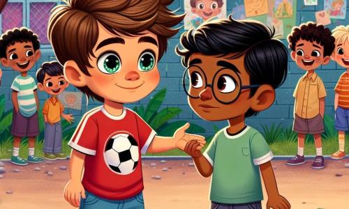 Um garoto de 8 anos, Lucas, com cabelos castanhos bagunçados e olhos brilhantes de curiosidade, está no centro da cena. Ele usa uma camiseta vermelha com um desenho de bola de futebol e um short azul. Seu rosto expressa determinação e bondade enquanto estende a mão para outro garoto. Ao lado dele, Tiago, um menino de 8 anos com cabelos pretos e óculos redondos, olha para Lucas com uma mistura de surpresa e gratidão. Ele veste uma camiseta verde e um jeans, parecendo um pouco tímido, mas confortado pelo apoio do amigo. Ao fundo, um grupo de crianças, algumas rindo e outras parecendo desconfortáveis, está perto de uma parede da escola decorada com desenhos coloridos e pôsteres. O chão é coberto de cascalho, e árvores verdes cercam o pátio. A cena principal mostra Lucas, com um olhar determinado, defendendo Tiago contra zombarias, enquanto as outras crianças observam, algumas com expressões reflexivas e outras com sorrisos de encorajamento, ilustrando a importância da amizade e do respeito.