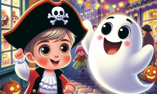 Um menino de 4 anos, chamado Tiago, está vestido com uma fantasia de pirata, com um chapéu preto e um lenço vermelho. Ele tem olhos brilhantes de curiosidade e um grande sorriso no rosto, segurando um saquinho cheio de doces em uma mão e levantando a outra para cumprimentar um fantasma. O fantasma, chamado Gaspar, é um adorável espírito branco com olhos redondos e amigáveis, flutuando alegremente ao lado de Tiago, como se estivesse dançando no ar. A cena acontece em uma rua movimentada decorada para o Halloween, com casas adornadas com abóboras iluminadas, teias de aranha e lanternas coloridas que iluminam a noite. Crianças fantasiadas correm ao redor, acrescentando à atmosfera festiva. Tiago e Gaspar estão se divertindo juntos, rindo e brincando no meio das decorações, enquanto Tiago se prepara para entrar em uma loja de doces, maravilhado com os tesouros açucarados que o aguardam dentro.