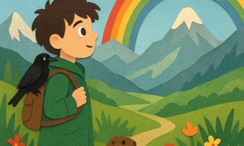 Ein junger Mann, Jonas, mit zerzausten braunen Haaren und neugierigen Augen, trägt einen grünen Mantel und einen Rucksack. Er steht auf einem schmalen Bergpfad und betrachtet fasziniert eine wunderschöne Landschaft. Eine Dohle sitzt auf seiner Schulter und beobachtet den Horizont. Ein kleiner brauner Murmeltier schnuppert neugierig am Boden zu seinen Füßen. Sie sind von hohen grünen Gräsern und bunten Blumen umgeben, mit einem klaren blauen Himmel und einem leuchtenden Regenbogen im Hintergrund. Die Hauptszene zeigt Jonas und seine Freunde, wie sie das Hängende Tal entdecken, einen bezaubernden Ort mit majestätischen Bergen und grünen Tälern, der Abenteuer und Entdeckung symbolisiert.