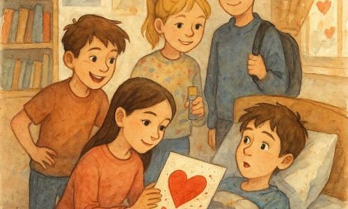 Jest pięcioro dzieci: Lena (ok. 11 lat), brązowe gładkie włosy za uszami, stoi przy łóżku, delikatnie trzyma kremową kopertę z dużym czerwonym sercem, lekko pochylona nad Olkiem; Bartek (ok. 11 lat), jasnobrązowe rozczochrane włosy, złośliwo‑serdeczny wyraz twarzy, stoi po lewej, w teatralnej pozie z ręką na biodrze; Maja (ok. 11 lat), blond w kucykach, w kolorowym swetrze z cekinami, po prawej, trzyma mały tubkę złotego kleju i patrzy dumnie na kartkę; Kuba (ok. 12 lat), wysoki, nieco powściągliwy, krótkie czarne włosy, z plecakiem, stoi nieco z tyłu przy drzwiach, w postawie ochronnej; Olek (ok. 11 lat), brązowe lekko potargane włosy, leży w łóżku pod miękkim kocem, zaskoczony wzruszeniem, karta trzymana przed nim, na stoliku herbata i stos komiksów. Miejsce: przytulny mały pokój w mieszkaniu, ciepłe światło przez cienką zasłonę w gwiazdki, kremowe ściany z plakatami, jasna drewniana półka z książkami i figurkami, łóżko w kratę, lekko zniszczona podłoga, małe okno z odbiciem czerwonych szkolnych dekoracji. Sytuacja: czworo dzieci przynosi Olkowi ręcznie zrobioną kartkę walentynkową; scena pełna czułości i troski — otwarta kartka z dwoma odbitymi sercami, czerwone plamki tuszu i cienkie złote obramowanie, pastelowa, ciepła paleta z żywą czerwienią na kartce, akwarelowe faktury i delikatne rozbryski podkreślające wzruszający moment.