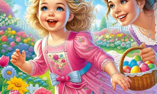 Een klein meisje van 2 jaar, Emma, met krullend blond haar en sprankelende ogen, rent vrolijk door een kleurrijke tuin. Ze draagt een roze jurk met bloemenpatronen en heeft een grote glimlach op haar gezicht, die haar vreugde en verwondering uitdrukt. Naast haar staat haar moeder, een vrouw van ongeveer 30 jaar, met kastanjebruin haar in een knot en een zachte glimlach. Ze houdt een rieten mand vol gekleurde eieren vast, terwijl ze haar dochter met genegenheid en aanmoediging observeert. De tuin is vol met stralende bloemen: roze tulpen, gele narcissen en korenbloemen. De lucht is helderblauw, met enkele donzige witte wolken. Kleurrijke vlinders fladderen rond de bloemen en voegen magie toe aan de lente. De belangrijkste situatie toont Emma die enthousiast rent, op zoek naar verborgen paaseieren tussen de bloemen, terwijl haar moeder haar aanmoedigt en haar ontdekkingen bewondert.