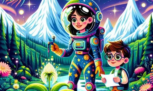 Astronautka o imieniu Lena, mająca około 30 lat, stoi na zielonej planecie, jej oczy błyszczą z ekscytacji i ciekawości. Ma na sobie kolorowy skafander z motywami gwiazd i planet, trzyma w ręku małe urządzenie pomiarowe, z zachwytem obserwując otoczenie. Obok niej stoi młody chłopiec o imieniu Tomasz, mający około 12 lat, z brązowymi włosami i okrągłymi okularami, z uśmiechem na twarzy. Trzyma mapę planety i wskazuje palcem na dziwną świecącą roślinę rosnącą w pobliżu. W tle widać spektakularny krajobraz: majestatyczne góry z ośnieżonymi szczytami, bujne lasy w żywych kolorach i gwiaździste niebo z jasnymi planetami. Dziwne stworzenia przypominające gigantyczne motyle latają wokół nich, dodając magii do sceny. Główna sytuacja pokazuje Lenę i Tomasza odkrywających razem tę nową planetę, zachwyconych pięknem otoczenia i niecierpliwych, by zbadać otaczające ich tajemnice.