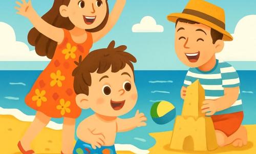 Un bambino di 2 anni, Tommi, con capelli castani disordinati e occhi brillanti di gioia, sorride mentre gioca nella sabbia dorata della spiaggia. Indossa un costume da bagno blu con pesciolini colorati e sandali rossi. Accanto a lui, sua madre, una donna sorridente di circa 30 anni con lunghi capelli castani e un vestito leggero a fiori, lo incoraggia alzando le braccia, piena di entusiasmo. Più in là, suo padre, un uomo gioviale di circa 35 anni con un cappello di paglia e una maglietta a righe, costruisce una grande torre di sabbia, ridendo di felicità. Lo scenario è una spiaggia soleggiata, con onde scintillanti che si infrangono dolcemente sulla riva, con conchiglie colorate sparse sulla sabbia e un cielo azzurro chiaro punteggiato di alcune nuvole bianche. La scena principale mostra Tommi che lancia una piccola palla colorata verso l'acqua, circondato da risate e gioia, mentre un granchio rosso curioso si avvicina a lui, aggiungendo un tocco di magia a questo momento di festa.