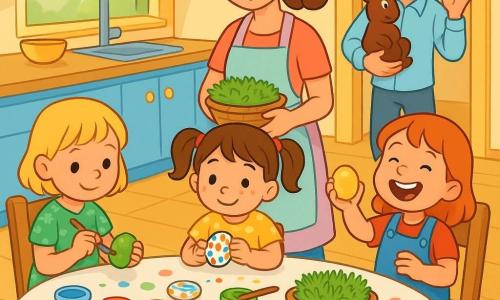 Jest pięć postaci: Zosia (6 lat, krótkie blond włosy, zielona sukienka w kwiaty) siedzi po lewej i maluje jajko na zielono, Maja (5 lat, brązowe włosy w kucykach, żółty T-shirt w kropki) siedzi na środku i robi kolorowe kropeczki, Lena (4 lata, rude włosy, niebieskie ogrodniczki) po prawej śmieje się i pokazuje żółte jajko; mama (ok. 30 lat, kasztanowe włosy związane, pastelowy fartuch) stoi za dziewczynkami z koszykiem rzeżuchy i uśmiecha się, tata (ok. 32 lata, ciemne włosy, jasna koszula) wchodzi w tle z dużym brązowym czekoladowym zającem; wnętrze jasnej kuchni z jasną drewnianą podłogą, dużym okrągłym stołem z białym obrusem poplamionym farbą, pojemnikami z farbami (czerwony, żółty, niebieski, zielony), pędzlami, skorupkami jaj i koszykiem rzeżuchy, przez okno wpada miękkie poranne światło i widać rozmyty ogród — trzy dziewczynki dekorują pisanki, mama trzyma trawę za nimi, tata wchodzi z czekoladowym zającem, radosna atmosfera, pastelowe kolory i uśmiechnięte twarze.