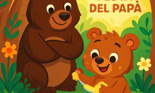 Un piccolo orso bruno, con un pelo morbido e setoso e occhi scintillanti di gioia, sta preparando una sorpresa per il suo papà. È seduto su un tappeto di muschio, circondato da tartine colorate con burro dorato e marmellata rossa, con un sorriso sulle labbra e le zampe piene di burro. Accanto a lui, un grande orso dal pelo marrone scuro, con uno sguardo tenero e ammirato, osserva il suo piccolo con orgoglio, le braccia incrociate e un sorriso caloroso che illumina il suo volto. La scena si svolge in una tana accogliente, tappezzata di foglie verdi e fiori selvatici, dove la luce del sole filtra tra i rami, creando ombre danzanti sul pavimento. Il piccolo orso, tutto emozionato, si prepara a svegliare il papà per offrirgli una colazione speciale per la festa del papà, riempiendo l'aria di un'atmosfera di felicità e complicità.
