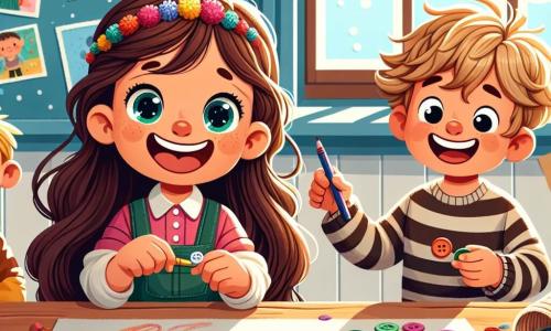 Una bambina di 4 anni, Sofia, con lunghi capelli castani e occhi pieni di gioia, è seduta a un tavolo pieno di carta colorata e materiali per l'arte. Sorride con entusiasmo, tenendo una matita colorata in mano, pronta a creare una sorpresa per suo papà. Accanto a lei, il suo amico Leo, un ragazzo di 5 anni con capelli biondi spettinati e una maglietta a righe, raccoglie dei bottoni che sono rotolati a terra, ridendo della situazione. La scena si svolge in un'aula luminosa, con pareti decorate con disegni di bambini e finestre che lasciano entrare la luce del sole. Sofia e Leo sono circondati da un'atmosfera gioiosa, piena di risate e creatività, mentre preparano insieme sorprese per la festa del papà.