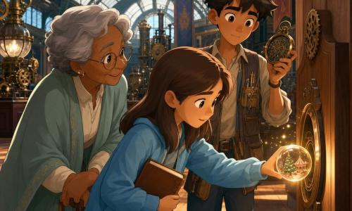 Tres personajes: Vera, chica de unos 12 años, cabello castaño liso, chaqueta azul claro, cuaderno marrón, sostiene una pequeña esfera de vidrio brillante con una imagen de fiesta en su interior y la coloca con cuidado en un marco mural; Lia, mujer de unos 70 años, piel arrugada y cabello gris corto, con bastón plegable de madera a la derecha y chal verde pálido, sonríe apoyada en su bastón desde la izquierda de Vera; Nico, chico de unos 16 años, pelo despeinado, chaleco con bolsillos lleno de herramientas, sostiene una extraña brújula-reloj mecánica y mira el marco desde la derecha de Vera. Lugar: interior de un gran pabellón de exposición antiguo con gran lucernario y vigas de hierro, suelos de madera encerada y puestos con máquinas victorianas de latón y vapor; luz suave filtrada que crea sombras y reflejos. Situación: la esfera con un recuerdo luminoso se inserta en un marco vacío sobre una pared de madera; su luz cálida proyecta chispas y anima los rostros mientras las máquinas y las personas alrededor permanecen inmóviles, como si el tiempo contuviera el aliento.