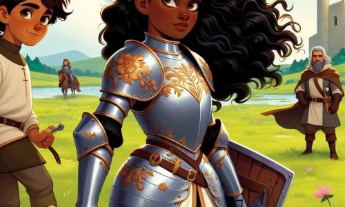 En primer plano, una valiente caballera, Elara, se erige orgullosa en un campo de batalla, su larga cabellera negra ondeando al viento. Lleva una brillante armadura adornada con motivos florales, y su rostro expresa una ardiente determinación, con ojos que brillan de coraje. En su mano, empuña una espada reluciente, lista para defender su reino. A su lado, su fiel escudero, Benjamín, un niño de unos 12 años, con cabello castaño y ojos vivos, mira a Elara con admiración. Lleva una túnica sencilla y un pequeño escudo, dispuesto a ayudarla en la batalla. Un poco más atrás, se ve a Ragnor, un hombre de unos treinta años, con barba desaliñada y una armadura desgastada, que parece reflexionar sobre la situación, su mirada dividida entre la lealtad y la duda. El escenario es un campo verde, salpicado de flores silvestres, con las imponentes murallas del castillo de la Ciudad de la Luz de fondo, bajo un cielo azul con nubes blancas. La escena principal muestra a Elara preparándose para enfrentar a un grupo de bandidos, decidida a defender su castillo y a demostrar que las mujeres pueden ser grandes guerreras.