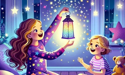 A 12-year-old girl named Lily stands in the center of her room, her eyes shining with excitement and courage. She has long, slightly wavy brown hair and wears a colorful pajama set with stars. In her hand, she holds a pretty lantern that emits a soft, multicolored light, illuminating her smiling face. Next to her, her best friend Mia, also 12, has blonde hair and is sitting cross-legged on the floor, laughing and looking at Lily with admiration, ready for a nighttime adventure. Lily's room is decorated with fairy lights hanging from the ceiling, creating a magical atmosphere. Stuffed animals are scattered around them, and the walls are painted in soft shades of blue and purple, resembling a starry sky. The main scene shows Lily and Mia, surrounded by light, ready to explore the shadows of the night, turning their fear into a joyful adventure filled with laughter.