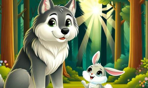 In einer sonnigen Lichtung des tiefen und geheimnisvollen Waldes steht ein großer Wolf mit grauem, seidig glänzendem Fell in der Mitte, mit einem sanften und freundlichen Blick. Seine Augen strahlen Neugier und Empathie aus, während er dem kleinen Hasen neben sich warmherzig zulächelt. Neben ihm springt ein kleiner Hase mit großen weißen Ohren und funkelnden Augen vor Freude, als er seine Mama in der Ferne sieht. Er ist ganz aufgeregt, seine Hinterbeine sind in der Luft, und er schaut den Wolf dankbar an. Im Hintergrund ist der Wald dicht, mit großen, robusten Baumstämmen und leuchtend grünen Blättern, die von Sonnenstrahlen beleuchtet werden, die durch die Äste filtern. Bunte Blumen bedecken den Boden und verleihen der Umgebung einen Hauch von Magie. Die Hauptsituation zeigt den Wolf und den Hasen in einem Moment der Kameradschaft, während sie gerade die Hasenmama wiedergefunden haben, und schafft eine Szene des Glücks und der Freundschaft im Herzen des Waldes.