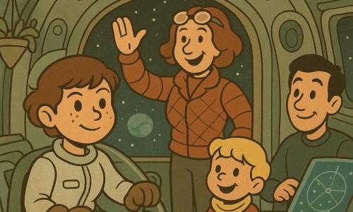 Mira, a smiling, focused female pilot with a round freckled face and short tousled brown hair, wearing a light flight suit with pockets and a small wrench, pilots a small silver shuttle, hand on a lever, as it gently docks at bay three with soft clicks and red/green/white navigation lights; Commander Lila, a warm, tall woman of about 40 in a rust-quilted jacket with silver glasses on her head, stands at the docking entrance waving openly; Tarek, a calm 30-year-old navigator with black hair and curious eyes, manipulates a large holographic screen beside a window to space; a small enthusiastic seven-year-old blond boy with a bowl cut holds a knitted scarf and watches Mira from a bridge corner, amazed; inside the Star Haven, polished metal rounded corridors, blinking green, red and white LEDs, hanging planter plants and large windows reveal a starry sky and a blue planet, creating a warm, confident atmosphere of camaraderie and accomplishment.