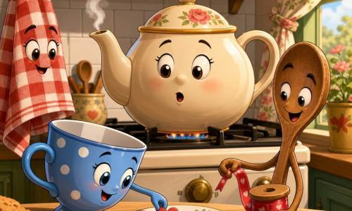 Lili, uma pequena xícara de porcelana azul com bolinhas brancas, sorridente e resoluta, olhos brilhantes e alça como braço, coloca delicadamente um pequeno coração de papel vermelho na pires; Dona Chá, uma grande chaleira redonda de cerâmica creme com tampa florida, de expressão doce e surpresa, está no fogão ao centro soltando uma leve vapor brilhante; uma colher de madeira comprida e gasta, maliciosa e encorajadora, segura um rolo de fita ao lado de Lili sobre a mesa; um pano de prato xadrez vermelho e branco pendurado observa a cena; cozinha vintage ensolarada, mesa de madeira clara com migalhas, potes de especiarias coloridos, azulejos brancos brilhantes e cortina florida ao vento; situação: a xícara prepara uma surpresa de Dia das Mães — colocar um coração de papel e decorar a chaleira — cena calorosa, íntima e ternamente iluminada pela manhã.