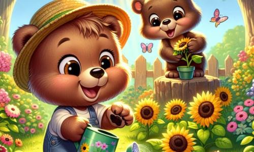 Um pequeno urso marrom, alegre e curioso, com um sorriso radiante e olhos brilhantes, está plantando sementes de girassol em um jardim ensolarado. Ele usa um pequeno chapéu de palha e tem patas cheias de terra, mostrando seu entusiasmo. Ao lado dele, uma mamãe urso doce e protetora, com pelagem sedosa e olhos benevolentes, o observa com orgulho enquanto segura um regador colorido. Ela sorri, feliz por compartilhar esse momento com seu filhote. O jardim está cheio de flores coloridas, vegetação vibrante e raios de sol filtrando pelas folhas das árvores. Borboletas dançam ao redor das flores, adicionando um toque de magia ao ambiente. Nesta cena, o pequeno urso e sua mamãe trabalham juntos com alegria para plantar girassóis, criando um momento de felicidade e harmonia na natureza.