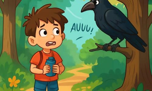 Un băiat de 8 ani, Radu, cu părul brun și ochii plini de curiozitate, stă la marginea unui potecă din pădure. Fața lui exprimă o ușoară frică amestecată cu excitație, în timp ce strânge o sticlă mică de metal în mâini. La câțiva pași distanță, o cioară bătrână, cu pene negre lucioase și o privire pătrunzătoare, stă pe o ramură joasă, observându-l atent pe Radu. Locul este o pădure densă, cu copaci majestuoși și trunchiuri groase, frunzele verzi formând un plafon natural. Razele soarelui filtrează printre ramuri, proiectând umbre dansante pe solul acoperit cu frunze uscate și flori sălbatice colorate. Situația principală arată un Radu ezitant pe drum, pregătit să intre în necunoscut, în timp ce un urlet îndepărtat răsună în aer, adăugând o tensiune palpabilă atmosferei.