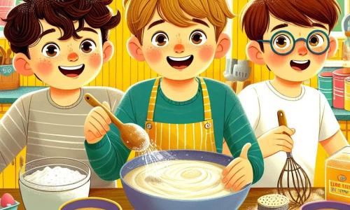 Three 7-year-old boys: Max, a little boy with curly brown hair and sparkling eyes, is holding a large bowl of cake batter; Leo, a boy with straight blonde hair and a mischievous face, is having fun sprinkling flour on the countertop; and Sam, a boy with brown hair and round glasses, is eagerly watching the mixture being prepared. They are in a bright kitchen filled with vibrant colors, with yellow walls and windows letting in sunlight, surrounded by scattered kitchen utensils. The main scene shows the three friends preparing a cake for Father's Day, laughing and having fun, with flour on their faces and bursts of laughter echoing in the air.
