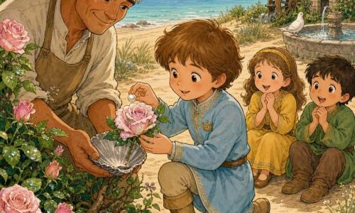 A young boy prince, about 8–10, round smiling face and light brown hair, kneels holding a small nacreous pearl between thumb and forefinger; a 50-year-old tanned gardener with gray cropped hair and a canvas apron stands to his left smiling, holding a small silver shell on the rosebush root; a 6-year-old girl and a 7-year-old boy in simple colorful clothes (yellow and green) sit on a dune behind, hands clasped, amazed; a small stone watermill and a round fountain with a white dove on its rim are in the background, with shells and starfish on nearby sand; the coastal garden on a golden beach has low dunes, fine grasses, a deep-green rosebush with pale pink flowers and dewdrops, and a turquoise sea under a pink evening sky; the main moment shows the prince opening the rosebush, discovering a rose hiding a pearl, and gently lifting it to place in the gardener’s shell, bathed in soft, tender, peaceful light.