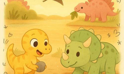 Um pequeno velociraptor rápido e arredondado, com penas amarelo-pálido e listras laranja, olha surpreso e feliz, segurando uma pedra lisa enquanto observa a lama brilhante; Trico, um tricerátopo compacto de pele verde-clara com manchas castanhas, está com uma pata atolada na lama e aliviado, olhando de lado para o velociraptor; um pterossauro esguio voa alto em V sorrindo ao fundo; um estegossauro de placas rosas traz grandes folhas verdes para o lanche junto à margem. Local: borda de um lago quente com reflexo dourado, água calma, margens de lama marrom-claro, ervas altas e algumas pedras; poeira de estrelas cai suavemente e faz a lama ficar lisa e brilhante. A cena principal mostra a pedra caída na lama e o velociraptor soprando/espalhando o brilho para ajudar Trico a tirar a pata. Estilo: cores suaves, formas arredondadas e simples, texturas aveludadas, luz quente do fim da tarde, composição centrada nos personagens com bastante espaço positivo para pequenos doodles alegres (estrelas, corações, folhas).