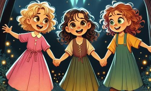 Three seven-year-old girls hold hands at the center of the stage. **Lily**, with curly blonde hair, wears a pink polka dot dress and has a big smile, her eyes sparkling with excitement. **Mia**, with smooth brown hair, is dressed in a green tunic and observes intently, her face thoughtful. **Zoe**, with curly red hair, wears a blue skirt and a yellow t-shirt, her eyes shining with curiosity. They are in a magical clearing surrounded by majestic trees with shimmering leaves, where fireflies dance in the twilight air, illuminating the landscape with a soft golden glow. The main scene shows the three friends joyfully dancing with the fireflies, their laughter echoing as they discover the true meaning of friendship and happiness. The fireflies, glowing like stars, swirl around them, creating a fairy-tale and warm atmosphere.