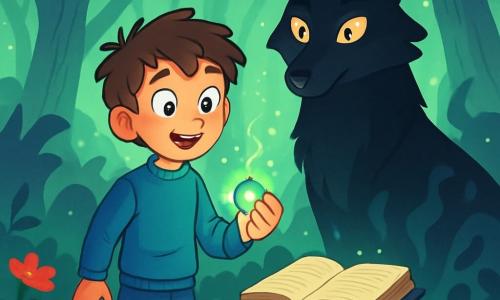 A 10-year-old boy named Oliver, with messy brown hair and curious bright eyes, stands in the center of a mysterious clearing, his face filled with wonder and excitement. He wears a blue sweater and jeans, holding a sparkling amulet in his hand that emits a soft green light. Beside him is Nocturne, a guardian creature with fur as black as night and sparkling eyes, standing majestically and watching over Oliver. The setting is an enchanted forest with tall silver-trunked trees reaching towards the sky, their luminescent leaves creating a magical atmosphere. Vibrant flowers cover the ground, while a light mist dances among the tree roots. The main scene shows Oliver, amazed, discovering an ancient book on a stone pedestal, surrounded by mysterious glows and shadowy shapes that seem to animate around him, as if the forest itself is revealing its secrets.