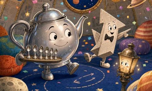 The main character is a small anthropomorphized shiny metal teapot with a round face on its body, big mischievous eyes, a shy smile, and tiny spots of condensation; neat and polished, it holds a row of miniature spoons on a tray and takes a little dance step following marks on the floor. The primary secondary character is a sparkling paper origami arrow with a drawn bow tie, two small folded feet and a playful expression; it hops ahead of the teapot, cheerfully showing the way. Another secondary character is a tiny Victorian-style streetlamp with a shy, tarnished bulb and blinking eyes, standing slightly to the right near the ground and beginning to glow faintly when the teapot tells a joke. The setting is a small planetarium made of sewn newspapers and gold thread with a starry carpet floor, plush planets on poufs and Saturn’s rings shining like jelly; warm lighting, saturated pastels, and mixed paper and metal textures. The main scene is a tender, absurd moment where the teapot follows the paper arrow and performs a series of rounded dance steps (jumps, twists, bows) in front of the tired lamppost to restore its light, with a comic atmosphere and sparkling confetti-like highlights.