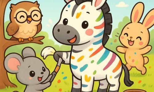 Mały szary szczur z uśmiechem, o kulistych oczach, używa ogona jak pędzla pokrytego białą farbą, radośnie malując pasy na dużej zebrze; zebra, pierwotnie bez pasków, stoi w środku polany z zachwyconym wyrazem i wielobarwnymi plamami farby na pyszczku i łapach. Po lewej mała sowa w okrągłych okularach śmieje się, siedząc na niskiej gałęzi; po prawej królik o dużych uszach podskakuje, śmiejąc się i mając na sobie rozbryzgi farby. Bardzo uroczy jeż przewraca się na grzbiet na pierwszym planie, kolce z kolorowymi kroplami, również się śmiejąc. Słoneczna polana z zielonym mchem, żółtymi kwiatami, małymi kałużami tęczowej farby oraz wiaderkiem i grubym pędzlem przy pniu; ogólny nastrój radosny, żywe kontrastowe kolory, zaokrąglone cechy i przerysowane wyrazy twarzy, rozbryzgi farby dla zabawnego efektu.