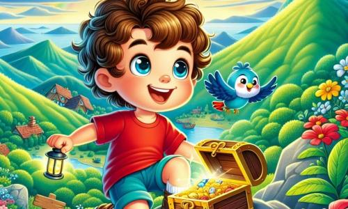 Um menino de 6 anos, Lucas, com cabelo castanho e encaracolado, usa uma camiseta vermelha e um short azul, com um grande sorriso maravilhado no rosto. Ele segura um mapa do tesouro em uma mão e uma lanterna na outra, em pé no topo de uma montanha. Ao seu lado, um pequeno pássaro azul com penas brilhantes voa alegremente, como se estivesse guiando Lucas para a aventura. O cenário é espetacular, com montanhas verdes ao fundo, um céu azul brilhante e um arco-íris vibrante acima deles. Abaixo, um vale verdejante está salpicado de flores coloridas. A cena principal mostra Lucas descobrindo uma caixa de madeira escondida entre as pedras, com uma expressão de empolgação e curiosidade no rosto, pronto para abrir o tesouro que encontrou.