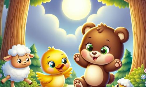 Uma ursa chamada Lili, com pelagem marrom suave e olhos brilhantes de travessura, está no centro da imagem, sorridente e cheia de energia, pronta para a aventura. Ao seu lado, um pequeno pato amarelo chamado Zé, com bico laranja e penas brilhantes, olha para Lili com entusiasmo, suas pequenas asas levemente abertas, pronto para segui-la. Um pouco atrás, uma doce ovelha branca chamada Lúcia, com olhos redondos e curiosos, ri, suas patas no ar, como se tivesse escorregado em uma poça de lama. O cenário é na entrada de uma floresta encantada, onde grandes árvores com troncos grossos e folhas verdes brilhantes formam um abrigo natural. Flores coloridas enfeitam o chão, e uma suave luz da lua ilumina o caminho, criando uma atmosfera mágica e acolhedora. A cena principal mostra Lili, Zé e Lúcia prontos para atravessar uma grande poça de lama, rindo juntos enquanto constroem uma pequena ponte de galhos para não se sujar. A imagem captura o espírito de aventura e amizade, com risadas e expressões alegres em seus rostos.