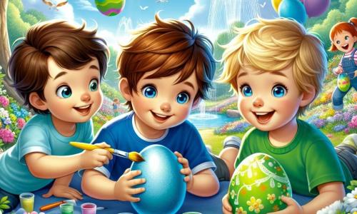 Three little boys are painting Easter eggs in a sunny park. Max, a 7-year-old with brown hair and glasses, sits on a blue blanket holding a shiny blue egg. Leo, a 6-year-old with blonde hair and sparkling eyes, leans forward with a yellow paintbrush, laughing joyfully. Sam, a 5-year-old with brown hair and a green t-shirt, stands next to them proudly showing off a green egg. The park is filled with colorful flowers, floating balloons, and a large tree with sprawling branches, under which there is a sparkling fountain. The sky is blue with a few fluffy white clouds, and children play around, adding to the festive atmosphere. The three boys are creating joyful memories while painting Easter eggs, laughing and having fun together, surrounded by the magic of spring and the spirit of Easter.