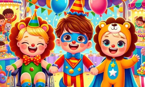 In una scena gioiosa di carnevale, tre amici si trovano al centro della festa. Leo, un ragazzo di 7 anni con capelli ricci castani e un grande sorriso, indossa un costume da clown colorato con palloncini attaccati alla cintura. Alla sua destra, Max, un ragazzo di 6 anni con capelli biondi e occhi scintillanti, è travestito da supereroe con un mantello rosso che fluttua dietro di lui. A sinistra, Tomi, un ragazzo di 5 anni in sedia a rotelle, indossa un costume da leone con una bella criniera dorata e orecchie di feltro. Il decor è pieno di colori vivaci: stand di dolci, palloncini fluttuanti e ghirlande di fiori. I tre amici, mano nella mano, si preparano a ballare al ritmo della musica coinvolgente che risuona nell'aria, i loro volti illuminati dalla gioia e dall'eccitazione di questa giornata festiva.