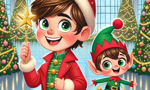 A 7-year-old boy named Charlie, with messy brown hair and sparkling curious eyes, stands at the center of the image, a radiant smile lighting up his face. He wears a bright red coat and a wool hat, holding a shining star in his hands, symbolizing the magic of Christmas. Beside him is a little elf named Jingles, with pointed ears and a red pom-pom hat, joyfully dancing, his green eyes twinkling with mischief. He is dressed in a green tunic adorned with jingling bells. In the background, the large hall of the orphanage is decorated with twinkling lights and a sparkling Christmas tree filled with colorful ornaments. The walls are painted pastel blue, and large windows let in the soft light of falling snow outside. The scene depicts Charlie and Jingles celebrating the magic of Christmas together, surrounded by laughter and joy as they prepare decorations and gifts for the other children in the orphanage.