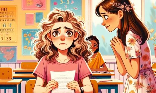 O fată de 12 ani, Maria, cu părul brun și creț, poartă un tricou roz și o pereche de blugi. Are o expresie îngrijorată, sprâncenele încruntate și ochii mari, ținând o foaie de hârtie în mâinile tremurânde. Lângă ea, cea mai bună prietenă, Andreea, tot de 12 ani, cu părul blond și drept, poartă o rochie cu flori. Se uită la Maria cu o expresie de sprijin, cu mâinile încrucișate în față, pregătită să o asculte. Scena are loc într-o clasă luminoasă, cu pereți vopsiți în galben deschis și afișe colorate despre matematică. Băncile sunt din lemn deschis, iar cărțile sunt împrăștiate pe mese. Maria, nervoasă, se pregătește să-i mărturisească profesoarei că a copiat la un test, inima bătându-i repede, în timp ce Andreea îi oferă o privire încurajatoare, creând o atmosferă de tensiune și camaraderie.