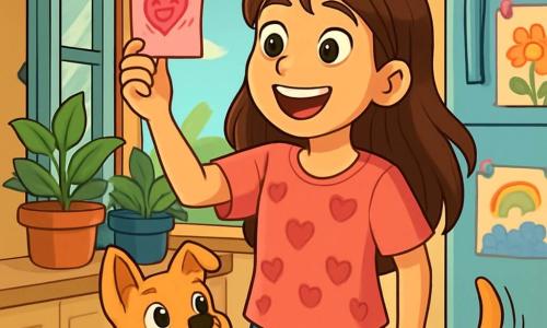 Una niña de 12 años, Lucía, con largos cabellos castaños y ojos llenos de curiosidad, se encuentra frente a una ventana abierta, sonriendo. Lleva una camiseta rosa con dibujos de corazones y un short de mezclilla. En su mano sostiene una nota rosa con un dibujo de un corazón sonriente, su mirada está llena de asombro y emoción. A su lado, su perrita, Lola, un adorable perrito de pelo dorado, mueve la cola con entusiasmo, lista para la aventura. La escena transcurre en la cocina soleada de Lucía, decorada con plantas verdes y el aroma de pasteles recién horneados. Lucía descubre una nota misteriosa de San Valentín en la ventana y está lista para seguir las pistas hacia una sorpresa mágica, con el corazón latiendo de emoción.