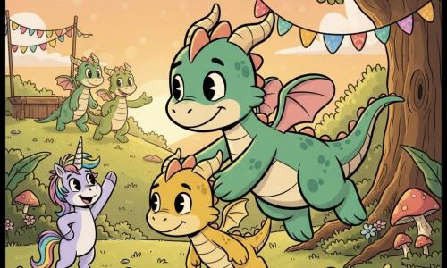 The scene shows Ember, a young jade-green dragon with pale pink highlights and a gentle determined expression, leaning while flying to support a smaller dragon, Flicker, a shy mustard-yellow hatchling who flies beside her with gratitude; Sparkle the unicorn stands at the starting line left foreground with a rainbow mane and raised hoof cheering, parents Blaze and Fern watch from a hill in the background under sunset light, and the setting is an Enchanted Forest Festival clearing with garlands, wooden stalls, glowing mushrooms and a massive oak — a warm, supportive flying race where Ember slows so they finish together, in saturated colors and a pastel sky.