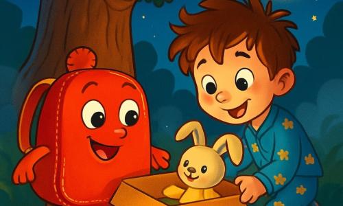 Ein kleiner roter Rucksack namens Fips mit runden Augen und einem fröhlichen Lächeln steht vor einer großen alten Eiche, seine Träger vibrieren vor Aufregung. Fips hat glänzende Nähte und einen kleinen Pompon oben und schaut neugierig auf einen mysteriösen Karton zu seinen Füßen. Neben ihm hockt ein kleiner Junge im Sternenpyjama mit zerzausten Haaren und funkelnden Augen voller Staunen, um den Karton zu öffnen. Er hat ein strahlendes Lächeln und seine Hände zittern vor Vorfreude. Es ist eine verzauberte Halloween-Nacht mit einem sternenklaren Himmel und einem leichten Nebel, der um die Wurzeln der Eiche tanzt, während lächelnde Kürbisse den Weg beleuchten. Die Hauptsituation zeigt Fips und den Jungen, die gemeinsam ein weiches Kuscheltier im Karton entdecken, eine Szene voller Magie und Wärme, in der Freundschaft und Neugier die Nacht erhellen.