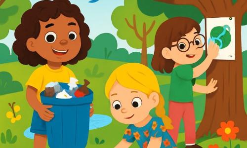 Er zijn 3 personages: - Emma: een 7-jarig meisje met bruin, krullend haar, gekleed in een gele t-shirt en een spijkerbroekshort. Ze houdt een grote vuilnisbak vol afval vast en glimlacht trots. - Noor: een 7-jarig meisje met gevlochten blond haar, gekleed in een kleurrijke bloemenjurk. Ze zit in een hurkpositie en plant bloemenzaadjes met een kleine schep. - Lisa: een 7-jarig meisje met kastanjebruin haar en ronde bril, gekleed in een groene t-shirt en roze broek. Ze hangt een poster aan een boom om voorbijgangers aan te moedigen deel te nemen aan de ecologische actie. De situatie speelt zich af in een groen park vol majestueuze bomen met stralende bladeren, kleurrijke bloemen die dansen in de wind, en een klein vijvertje dat onder de zon schittert. Vogels zingen in de takken en vlinders fladderen rond de bloemen. De hoofdactie toont de drie vriendinnen in actie, glimlachend en vastberaden, terwijl ze het park schoonmaken, bloemen planten en andere kinderen aanmoedigen om mee te doen. De sfeer is vrolijk en vol energie, wat hun inzet voor de bescherming van de natuur illustreert.