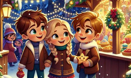 In un vivace mercatino di Natale, tre bambini si tengono per mano. Leo, un ragazzo di 8 anni con i capelli castani e un sorriso splendente, guarda meravigliato le luci scintillanti sopra di lui. Alla sua destra, Mia, una ragazza di 7 anni con lunghi capelli biondi intrecciati e guance rosa, indica un grande albero di Natale decorato con palline colorate. A sinistra, Tommaso, un ragazzo di 6 anni con i capelli castani e occhiali tondi, tiene un biscotto a forma di stella, gli occhi pieni di gioia. Il mercatino è pieno di bancarelle in legno decorate con luci, con espositori pieni di giocattoli, decorazioni e dolcetti deliziosi. La neve cade dolcemente, coprendo il suolo con un morbido manto bianco, mentre le stelle brillano nel cielo notturno. La scena principale mostra i tre amici che ridono e si meravigliano insieme, circondati dall'atmosfera festosa del mercatino di Natale, con fiocchi di neve che fluttuano intorno a loro e una piccola renna curiosa che li osserva con occhi maliziosi.