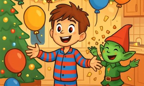 Un ragazzo di 10 anni, con capelli castani disordinati e occhi brillanti di curiosità, si trova nel mezzo di una cucina piena di palloncini colorati. Indossa un pigiama a righe blu e rosso, e il suo viso è illuminato da un grande sorriso meravigliato. Accanto a lui, un folletto birichino, piccolo e scaltro, con la pelle verde e un cappello rosso a punta, ride felicemente lanciando coriandoli dorati nell'aria. La cucina è decorata per Natale, con un grande albero scintillante in un angolo, luci decorative e biscotti natalizi sul tavolo. La scena principale mostra il ragazzo e il folletto mentre celebrano una gioiosa sorpresa, circondati da risate e magia, mentre i palloncini fluttuano attorno a loro, creando un'atmosfera festosa e incantata.