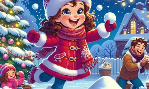 Una niña de 7 años, llamada Lucía, con cabello rizado y ojos llenos de alegría, lleva un abrigo rojo brillante y botas de nieve. Está lanzando una bola de nieve riendo, su rostro iluminado por una gran sonrisa. A su lado, su mamá, una mujer de unos treinta años con cabello largo y castaño, ayuda a decorar el jardín con luces brillantes, sonriendo dulcemente a Lucía. Un poco más lejos, su papá, un hombre de unos treinta años con barba ligera y un gorro de lana, está construyendo una pequeña montaña de nieve, riendo mientras intenta atrapar las bolas de nieve que Lucía le lanza. El lugar es un encantador jardín invernal, cubierto de un espeso manto de nieve brillante, con árboles adornados con copos de nieve y luces de colores que brillan en la oscuridad. En el fondo, se ven casas con techos nevados, creando un ambiente cálido y festivo. La situación principal muestra a Lucía, llena de energía y felicidad, jugando en la nieve con su familia, creando recuerdos alegres y celebrando juntos la magia del invierno.