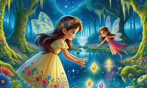 Isabela, una niña de doce años con largos cabellos castaños y ojos llenos de curiosidad, se encuentra al borde de un lago mágico, su rostro iluminado por una sonrisa de asombro. Lleva un vestido colorido adornado con flores, y sus manos están extendidas hacia el agua brillante, donde tres gemas resplandecen. A su lado, Lira, un pequeño hada con alas transparentes y brillantes, flota en el aire, sus ojos dorados llenos de alegría y aliento. Ella gesticula con su pequeña mano, como si guiara a Isabela en su búsqueda. El escenario es un claro encantado, rodeado de árboles majestuosos cubiertos de musgo, mientras flores coloridas bailan al viento. El lago, de un azul profundo, refleja el cielo estrellado, creando una atmósfera mágica y misteriosa. La situación principal muestra a Isabela, lista para restaurar la magia del bosque, colocando las gemas en el agua del lago, mientras destellos de luz surgen a su alrededor, simbolizando la esperanza y la magia recuperada.